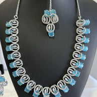 Aqua Blue CZ Necklace Earrings Tikka Set Silver Tone Pakistani Jewelry