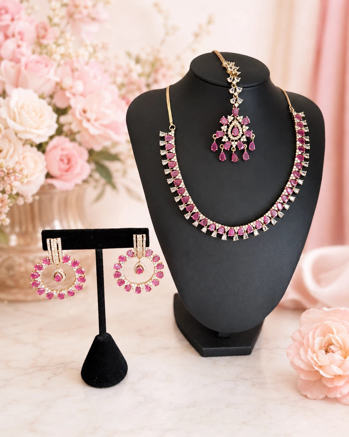 Pink CZ Gold Tone Necklace Earrings Tikka Set Indian Pakistani Bridal Jewelry