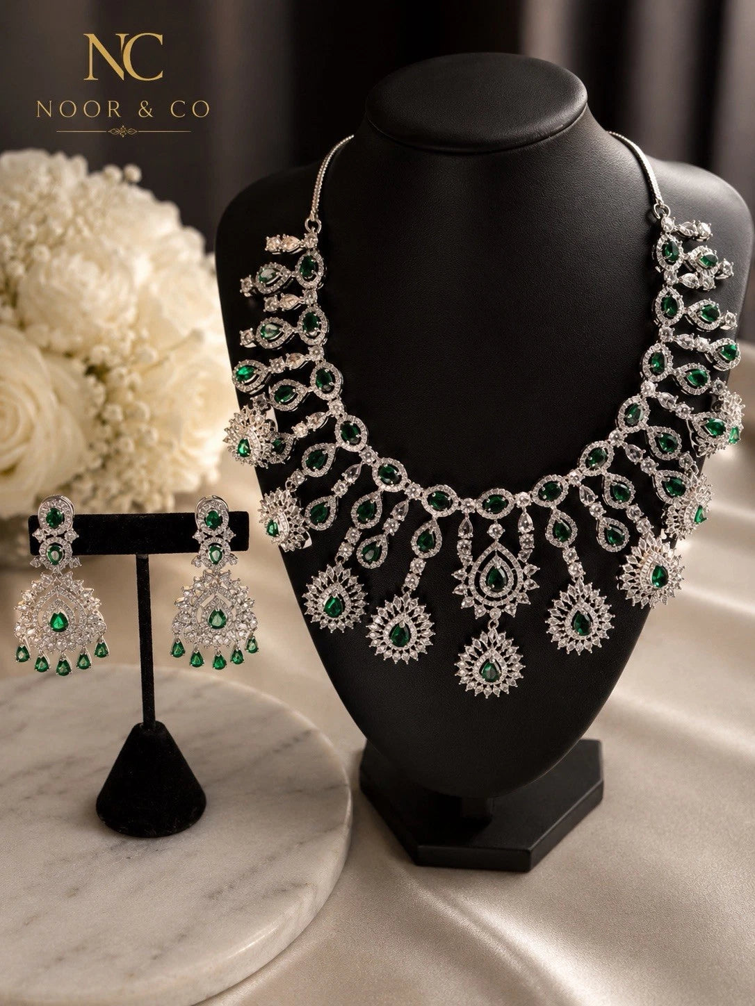 Emerald Cascade CZ Bridal Necklace Set