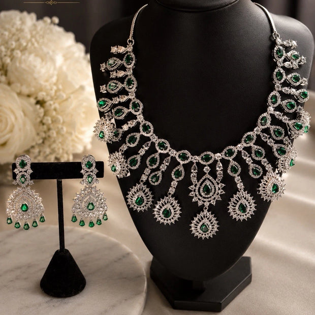 Emerald Cascade CZ Bridal Necklace Set