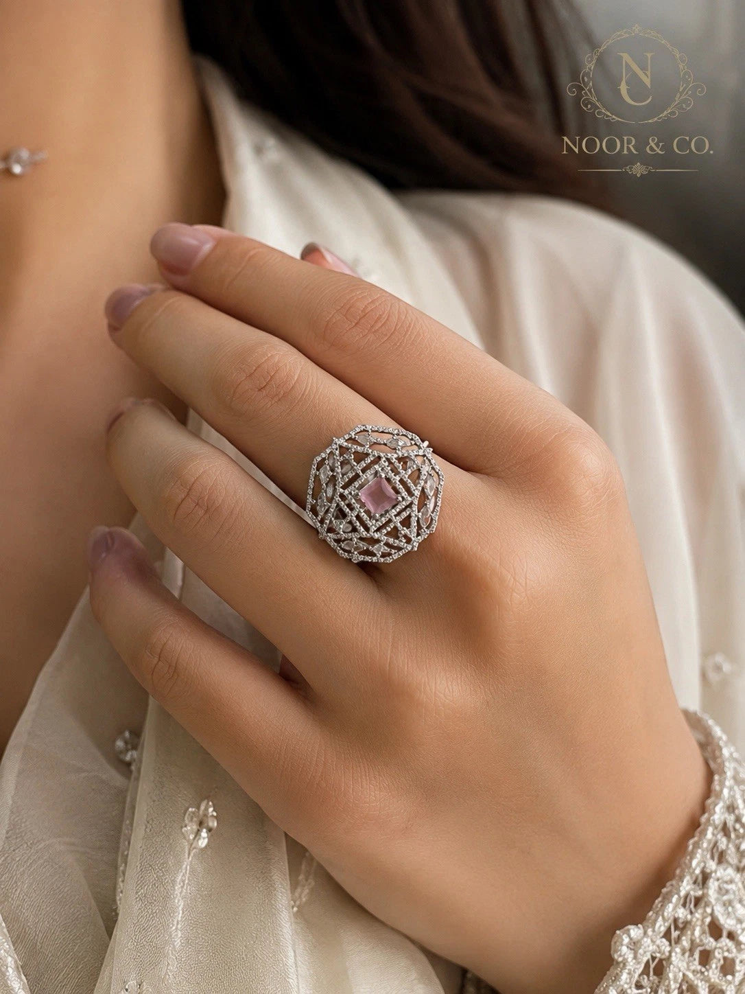 Celestial Blush Geometric Statement Ring