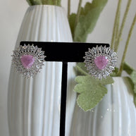 Pink & Green Stone Halo Stud Earrings Silver Tone CZ Statement Jewelry