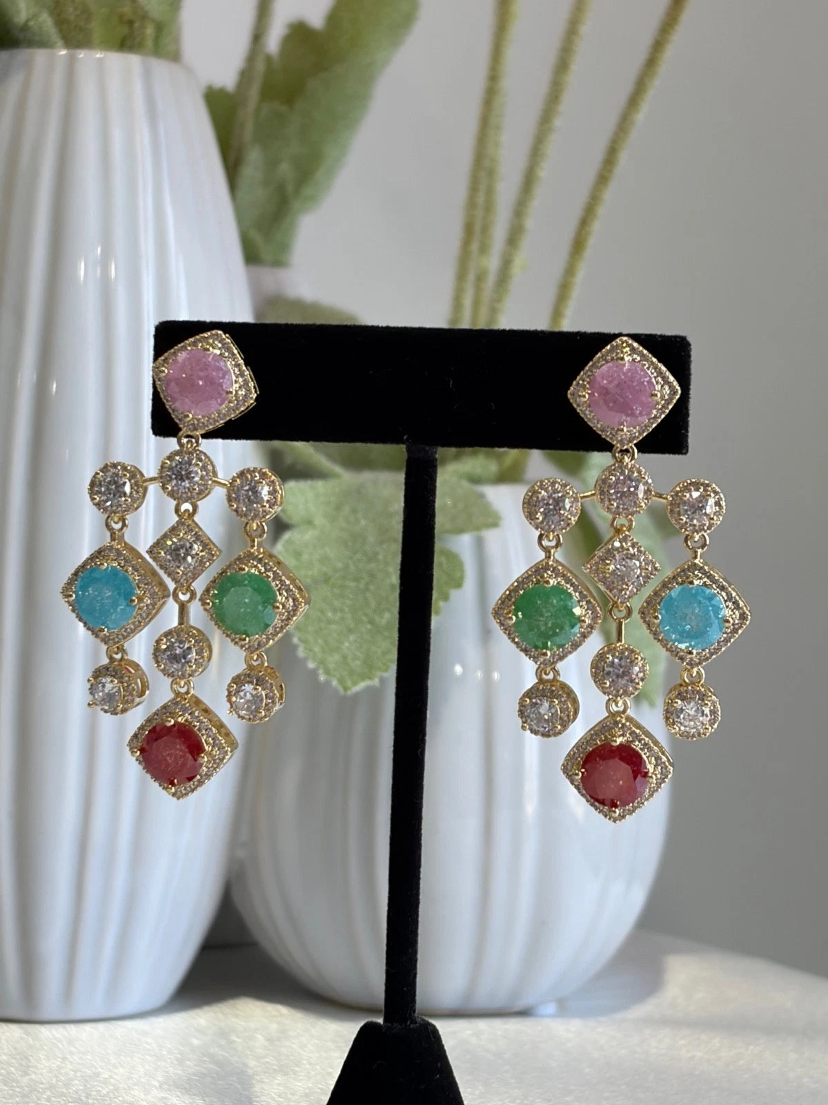 Multicolor CZ Gold Tone Chandelier Earrings Pakistani Indian Statement Jewelry
