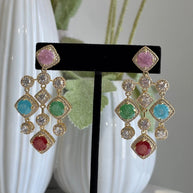 Multicolor CZ Gold Tone Chandelier Earrings Pakistani Indian Statement Jewelry