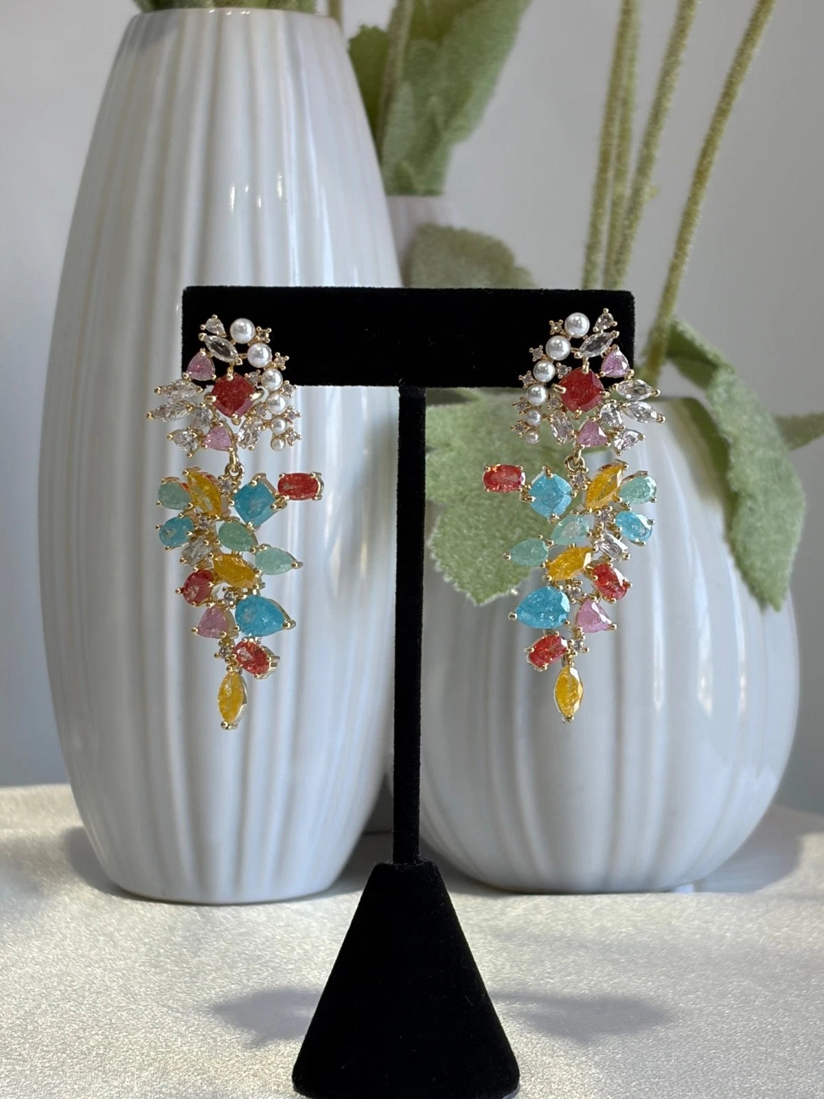 Multicolor Pearl CZ Gold Tone Drop Earrings Pakistani Indian Statement Jewelry