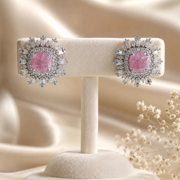Pink Stone CZ Silver Tone Halo Stud Earrings Pakistani Indian Jewelry