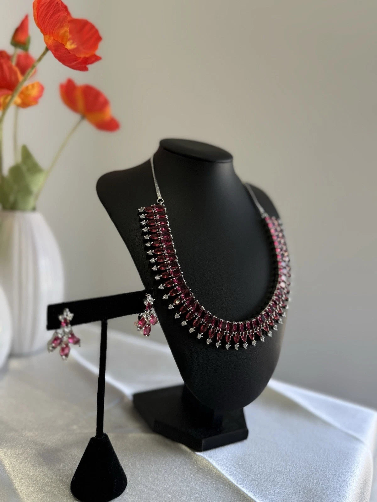 Ruby Pink CZ Necklace & Earrings Set Silver Tone Pakistani Jewelry