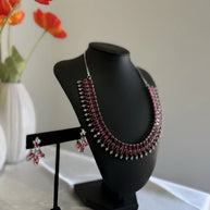 Ruby Pink CZ Necklace & Earrings Set Silver Tone Pakistani Jewelry