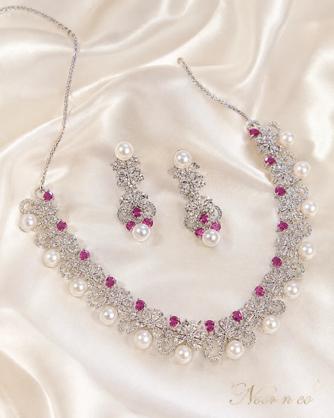 Pink Pearl CZ Silver Tone Necklace Earrings Set Indian Pakistani Bridal Jewelry