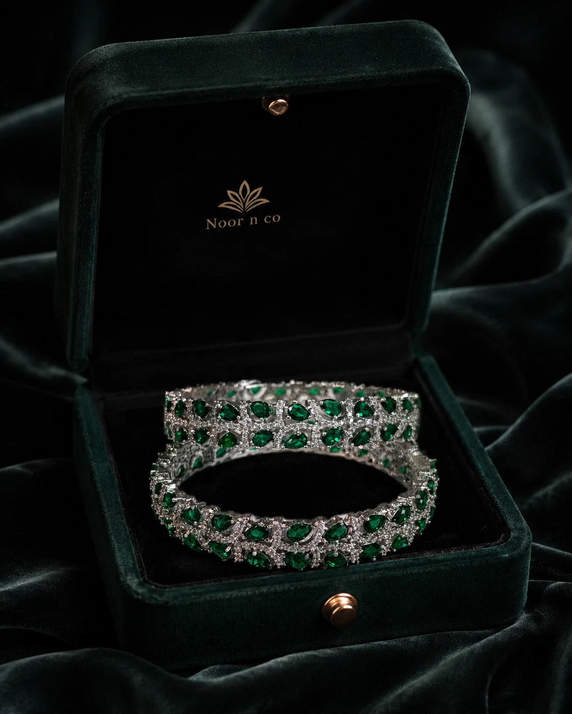 Emerald Green Silver Tone CZ Bangle Set Indian Pakistani Bridal Jewelry