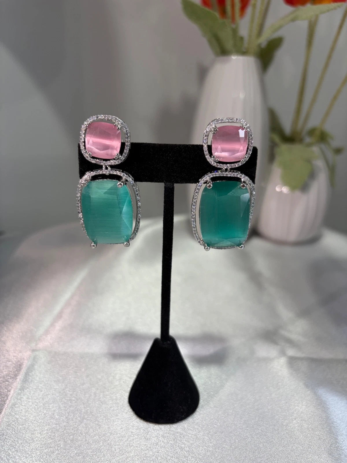Pink Teal CZ Drop Earrings Silver Tone Statement Fashion Jewelry