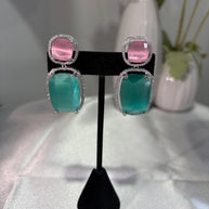 Pink Teal CZ Drop Earrings Silver Tone Statement Fashion Jewelry