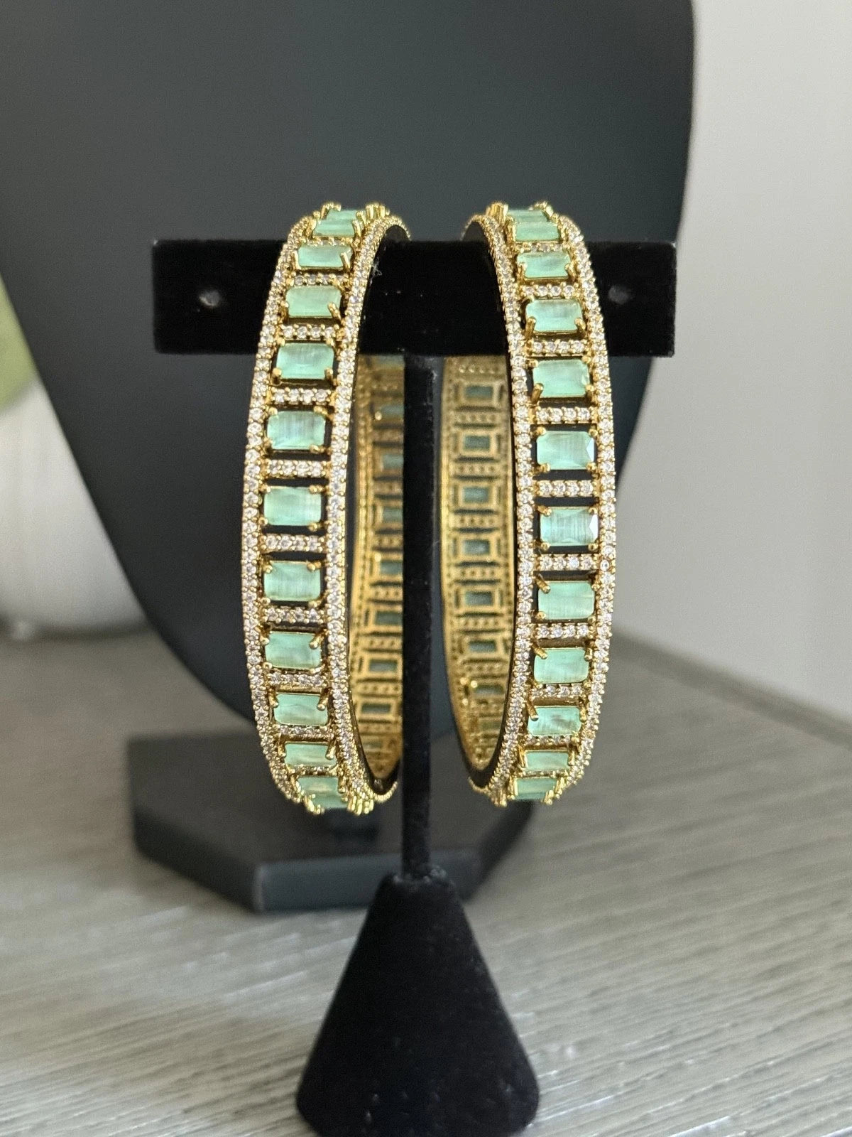 Mint Green CZ Gold Tone Bangle Bracelet Set of 2 Indian Pakistani Jewelry 2.10