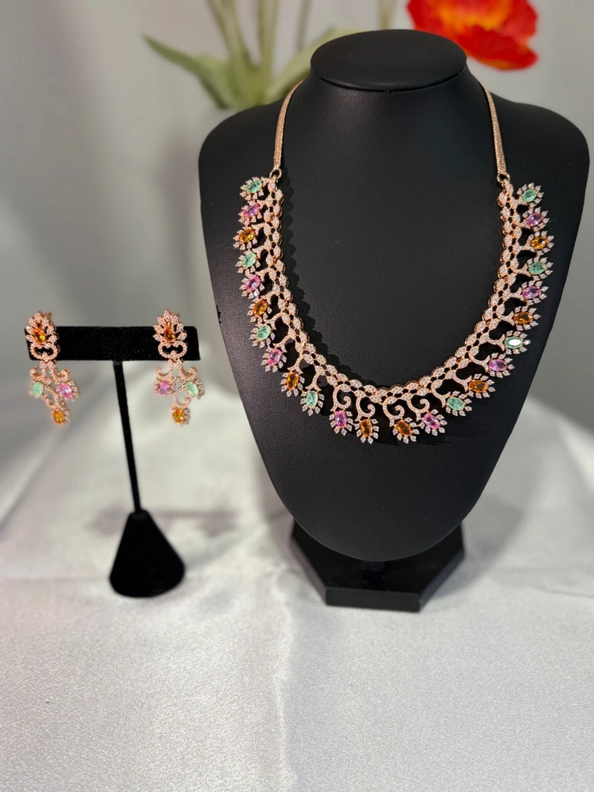 Rose Gold Multicolor CZ Necklace Earrings Set Indian Pakistani Bridal Jewelry