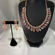 Rose Gold Multicolor CZ Necklace Earrings Set Indian Pakistani Bridal Jewelry