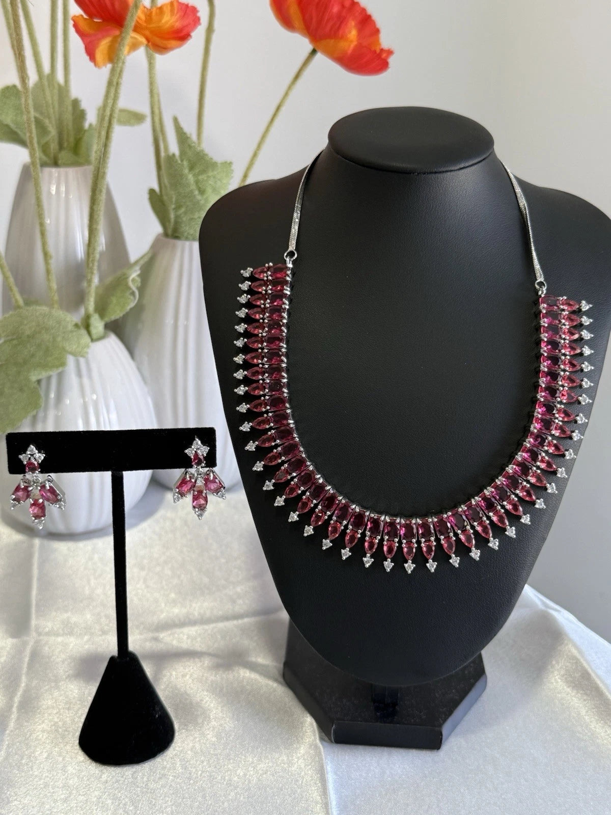 Ruby Pink CZ Necklace & Earrings Set Silver Tone Pakistani Jewelry