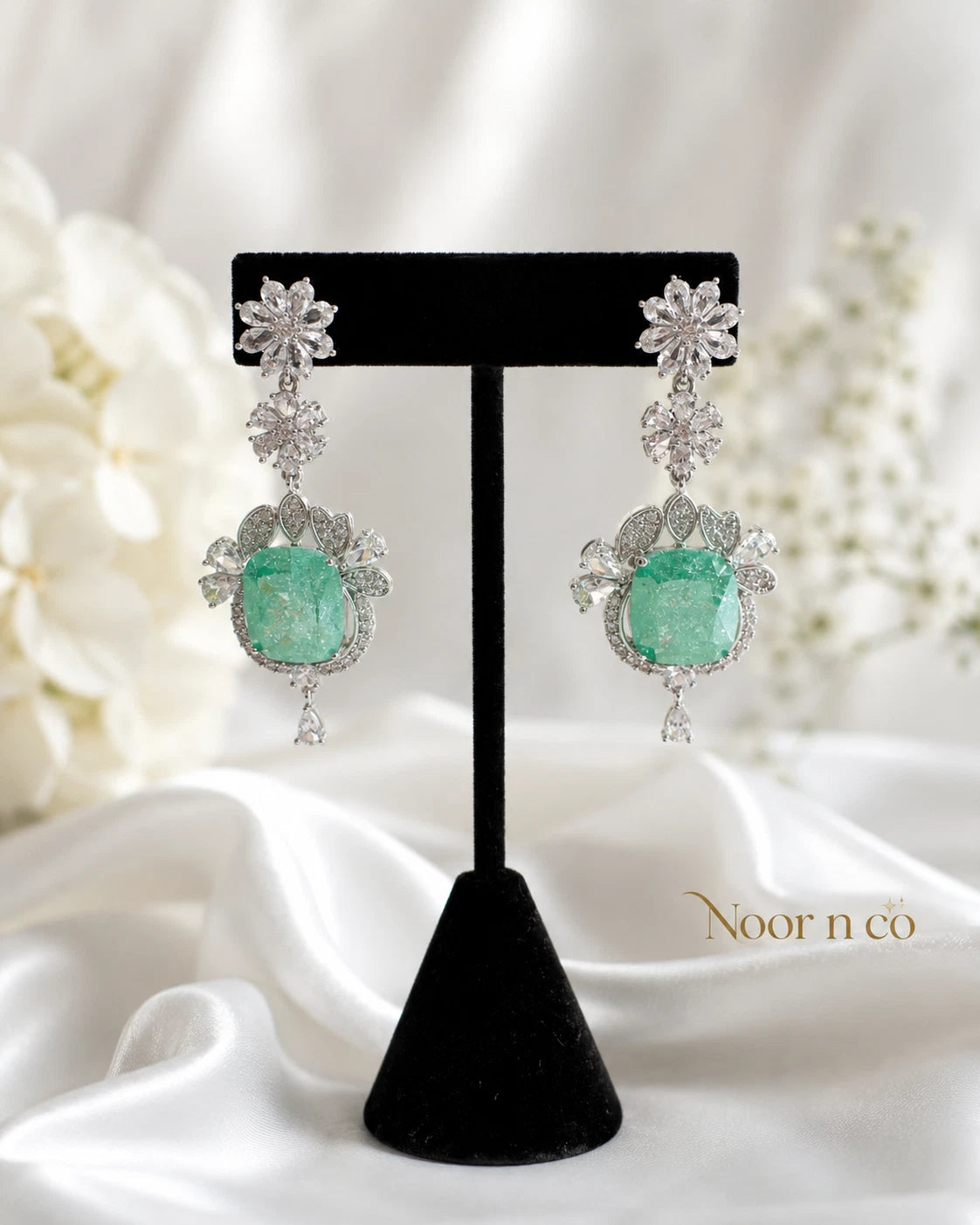 Mint Green CZ Silver Tone Drop Earrings Pakistani Indian Statement Jewelry