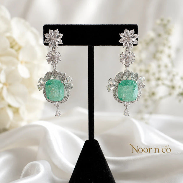 Mint Green CZ Silver Tone Drop Earrings Pakistani Indian Statement Jewelry