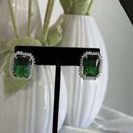 Emerald Green CZ Rectangle Stud Earrings Silver Tone Party Jewelry