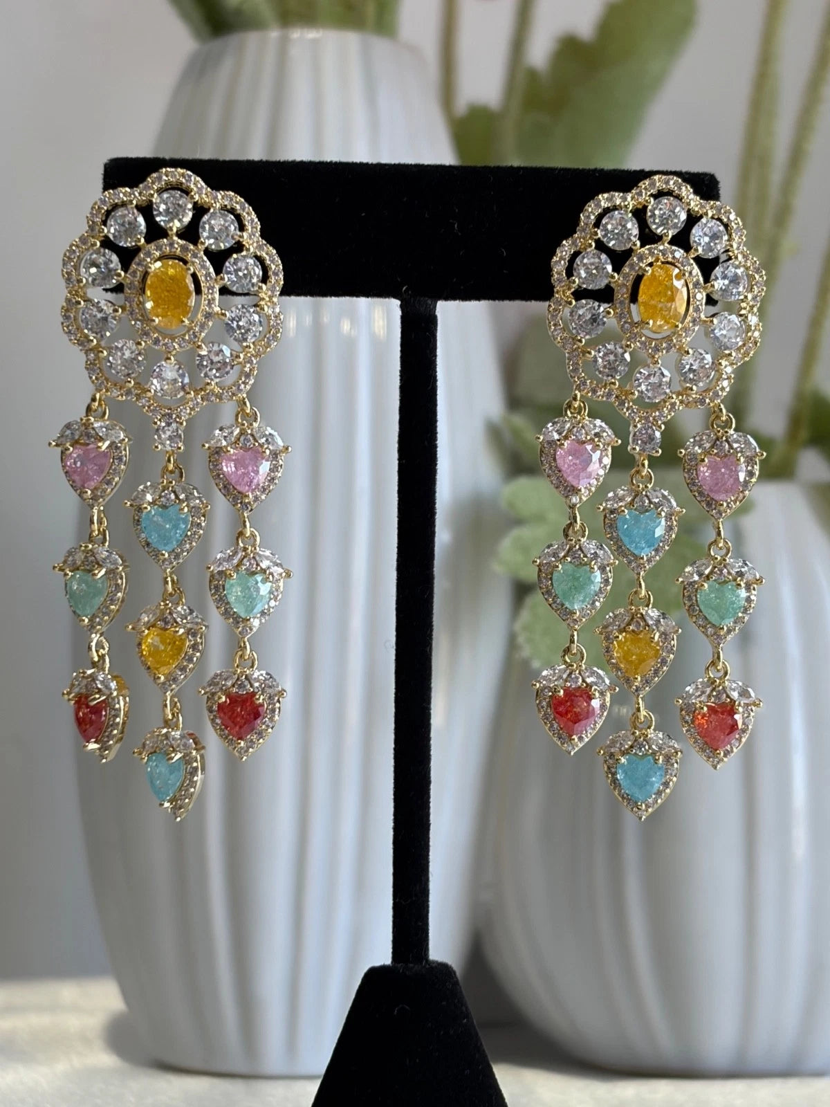 Multicolor Heart CZ Gold Tone Chandelier Earrings Pakistani Indian Jewelry