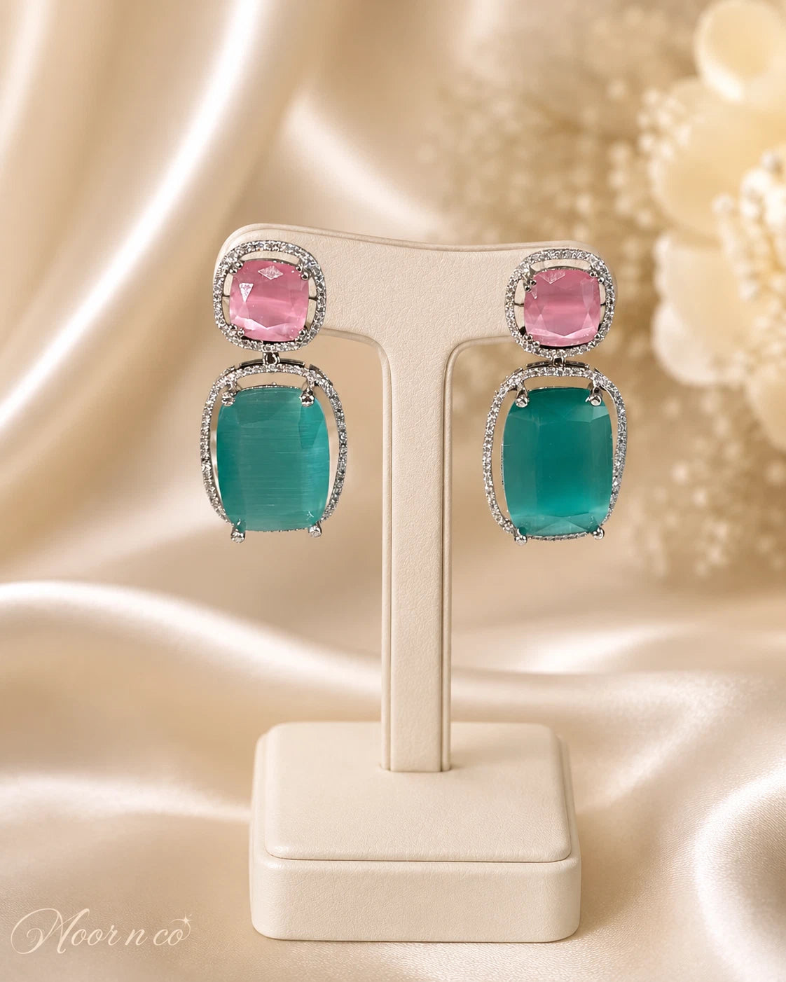 Pink Teal CZ Drop Earrings Silver Tone Statement Fashion Jewelry