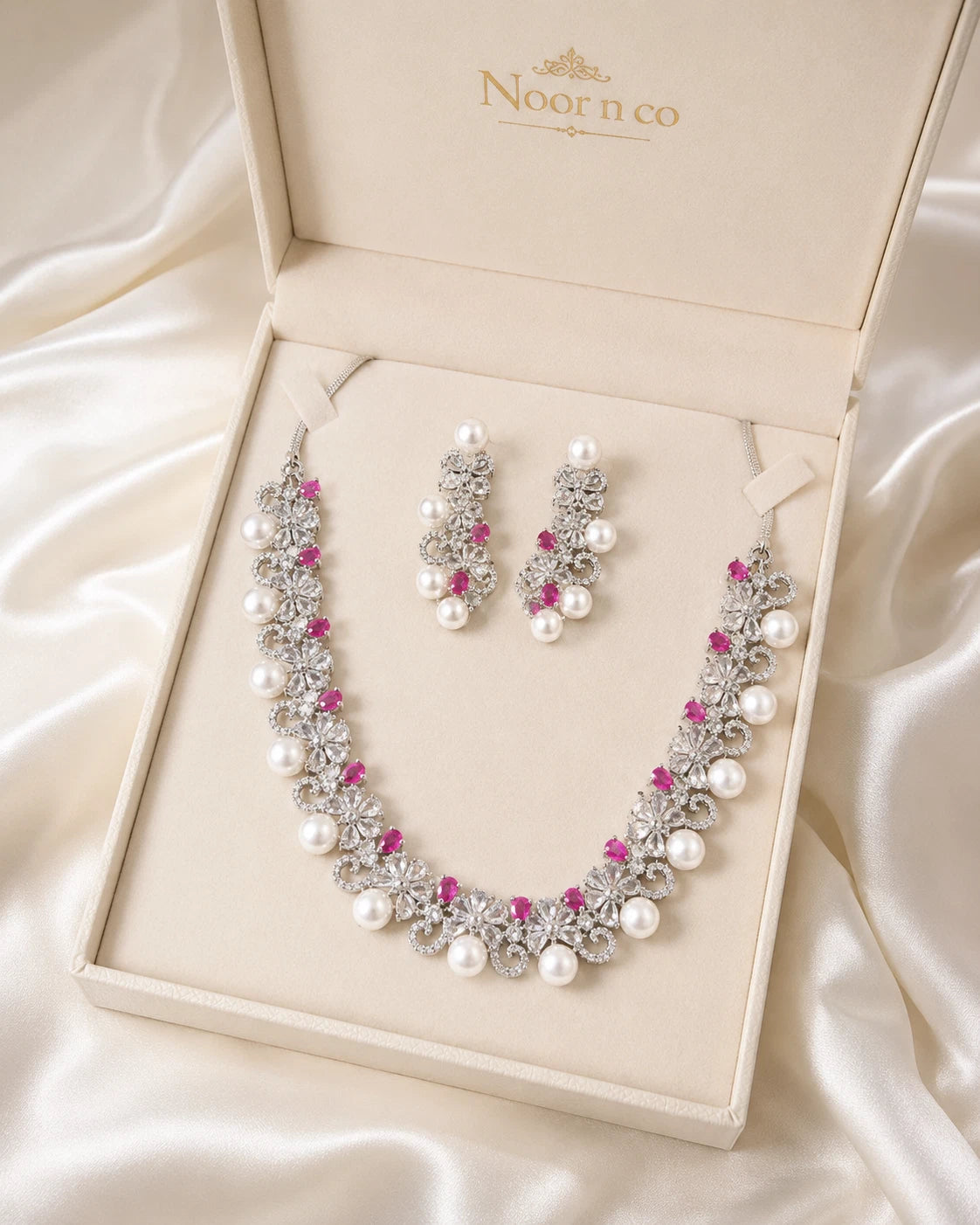 Pink Pearl CZ Silver Tone Necklace Earrings Set Indian Pakistani Bridal Jewelry