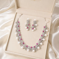 Pink Pearl CZ Silver Tone Necklace Earrings Set Indian Pakistani Bridal Jewelry