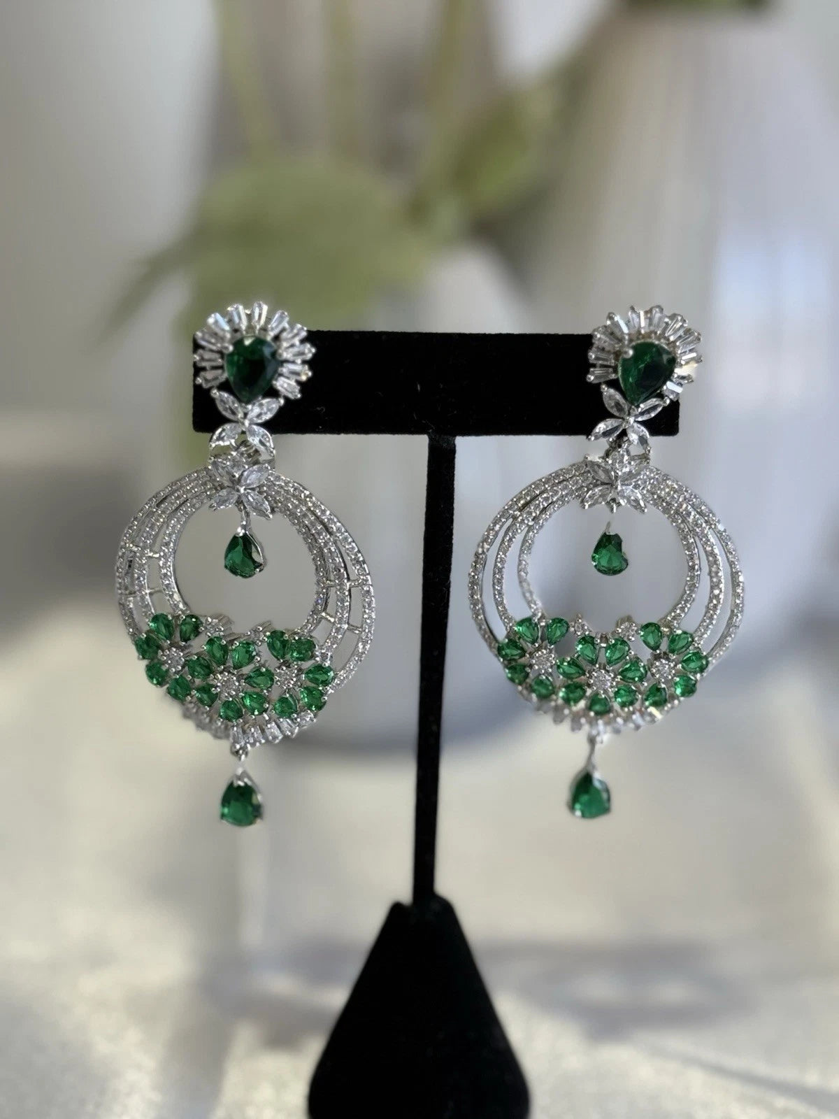 Emerald Green CZ Chandbali Earrings Silver Tone Pakistani Jewelry