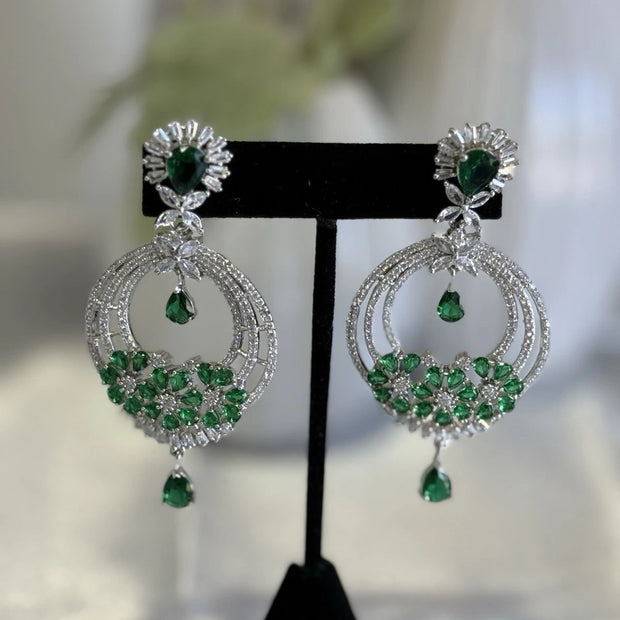 Emerald Green CZ Chandbali Earrings Silver Tone Pakistani Jewelry