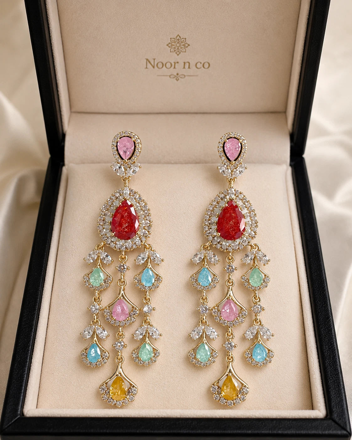 Multicolor CZ Gold Tone Chandelier Earrings Pakistani Indian Bridal Jewelry