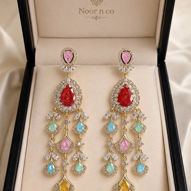 Multicolor CZ Gold Tone Chandelier Earrings Pakistani Indian Bridal Jewelry