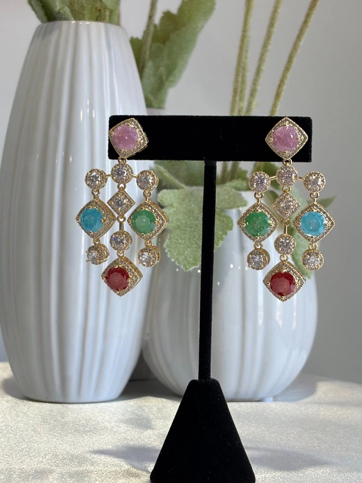 Multicolor CZ Gold Tone Chandelier Earrings Pakistani Indian Statement Jewelry