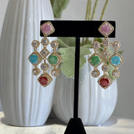 Multicolor CZ Gold Tone Chandelier Earrings Pakistani Indian Statement Jewelry