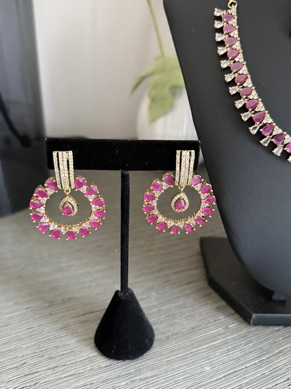 Pink CZ Gold Tone Necklace Earrings Tikka Set Indian Pakistani Bridal Jewelry