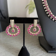 Pink CZ Gold Tone Necklace Earrings Tikka Set Indian Pakistani Bridal Jewelry