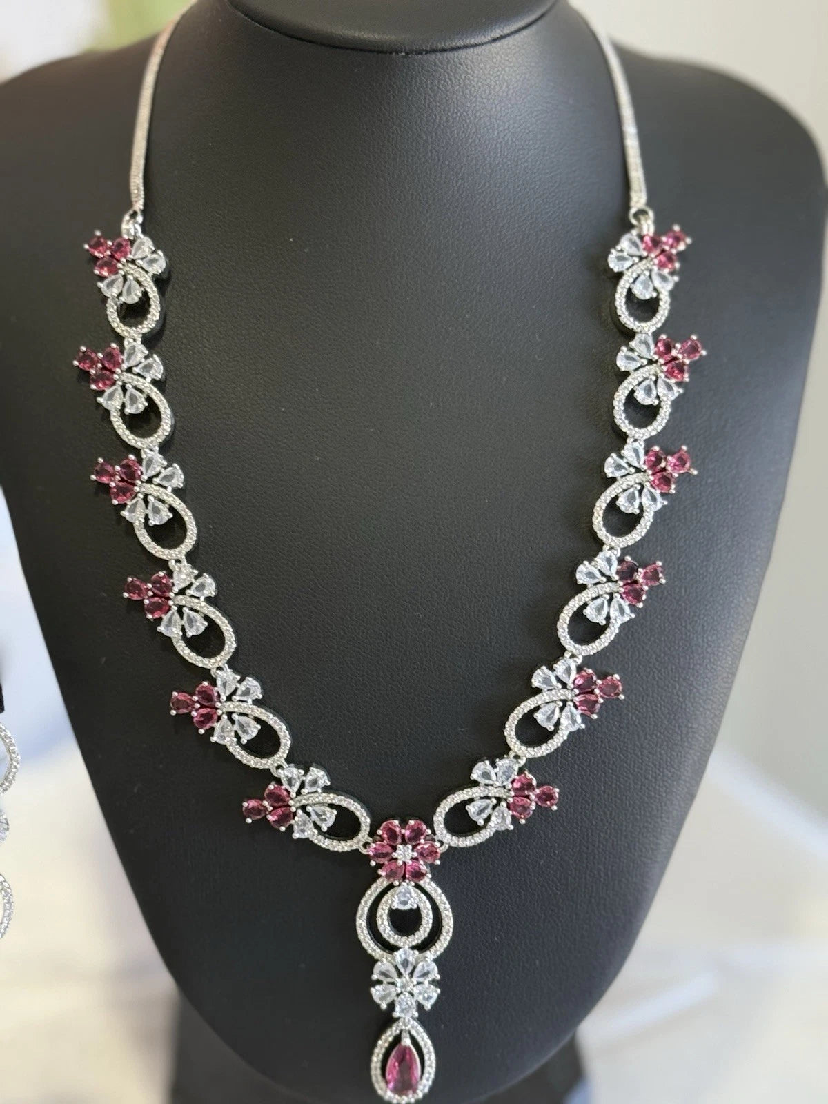 Pink Crystal CZ Necklace & Earrings Set Silver Tone Wedding Jewelry