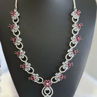 Pink Crystal CZ Necklace & Earrings Set Silver Tone Wedding Jewelry