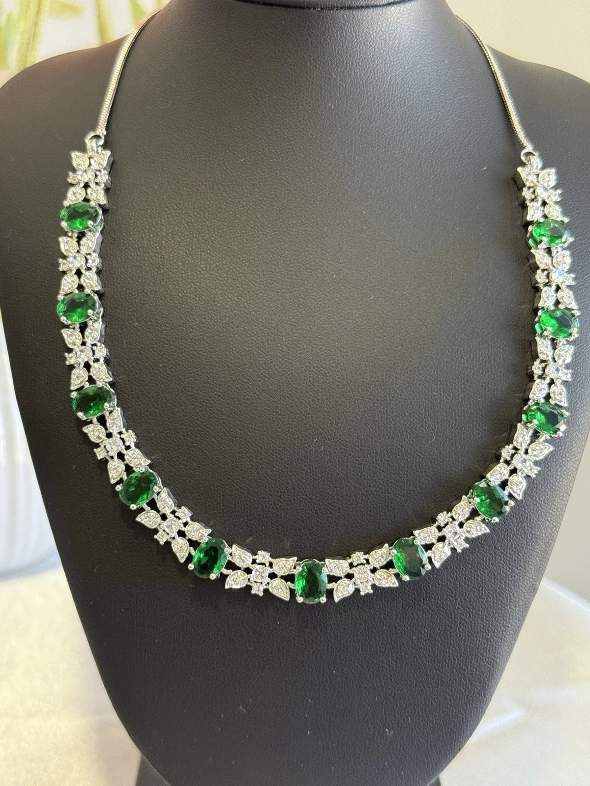 Emerald Green CZ Necklace & Earrings Set Silver Tone Wedding Jewelry