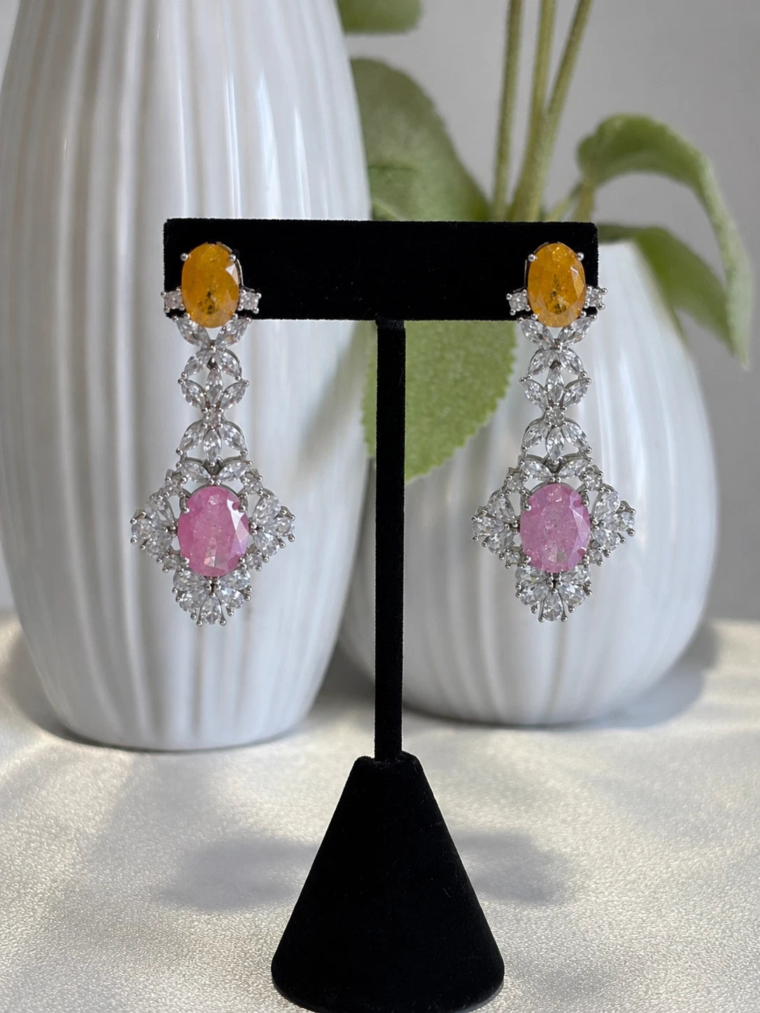 Yellow Pink CZ Silver Tone Drop Earrings Pakistani Indian Statement Jewelry
