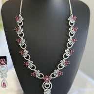 Pink Crystal CZ Necklace & Earrings Set Silver Tone Wedding Jewelry