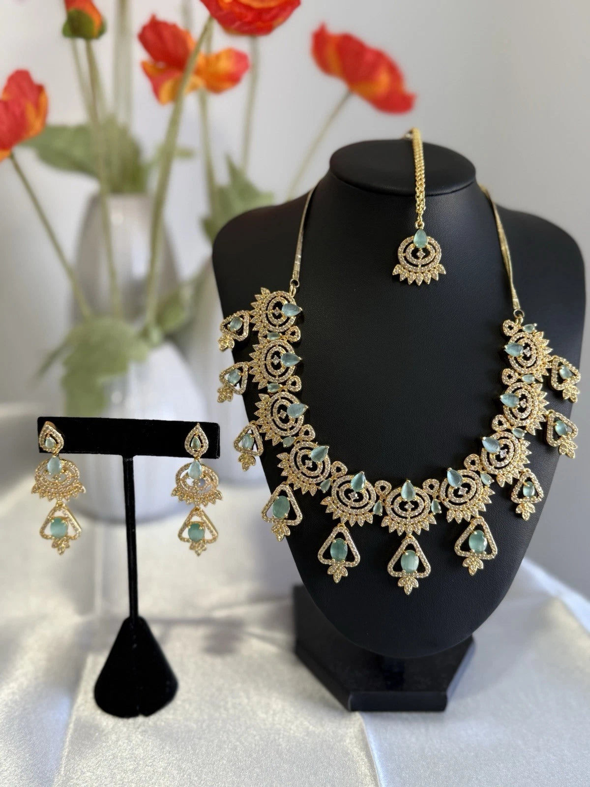 Mint Green CZ Necklace & Earrings Set Silver Tone Pakistani Jewelry