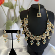 Mint Green CZ Necklace & Earrings Set Silver Tone Pakistani Jewelry