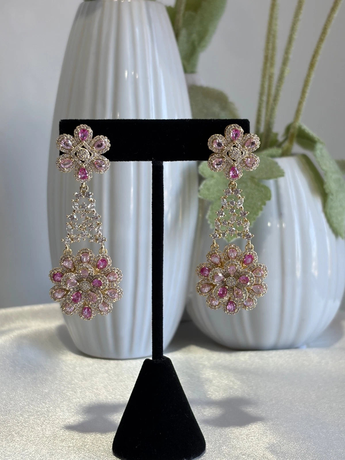 Pink Floral CZ Gold Tone Chandelier Earrings Pakistani Indian Bridal Jewelry