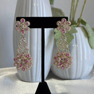 Pink Floral CZ Gold Tone Chandelier Earrings Pakistani Indian Bridal Jewelry