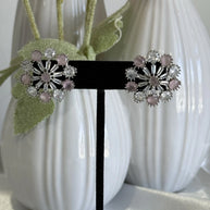 Blush Pink CZ Floral Stud Earrings Silver Tone Party Jewelry
