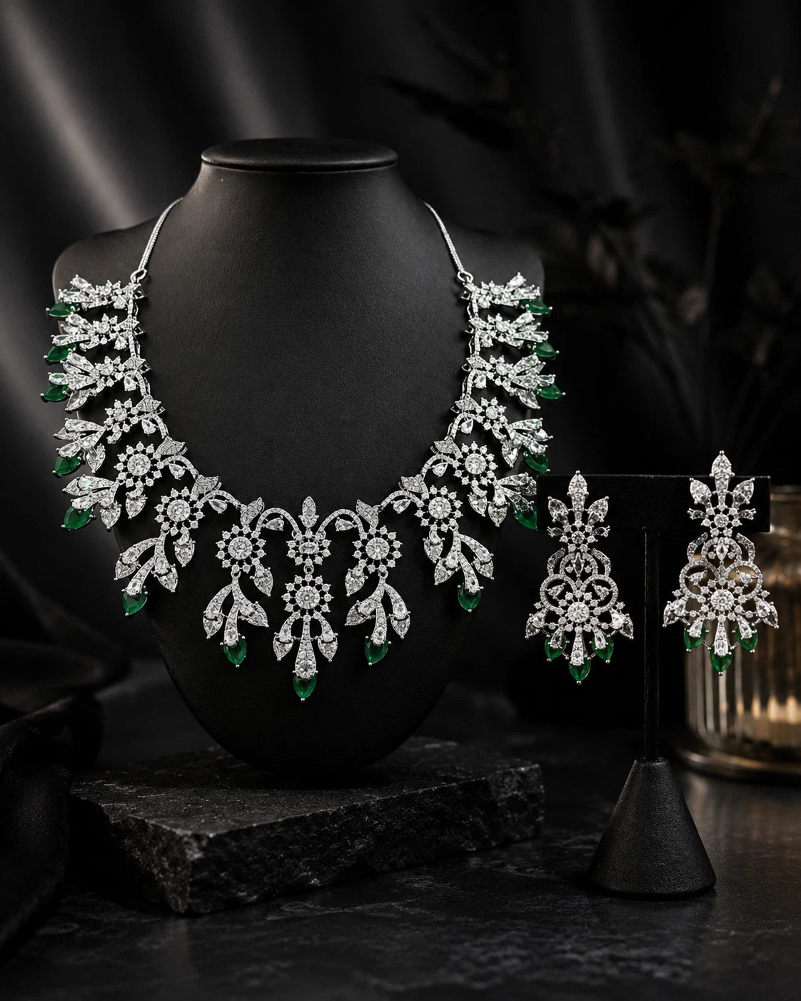 Emerald Green CZ Crystal Silver Necklace Earrings Set Indian Bridal Jewelry