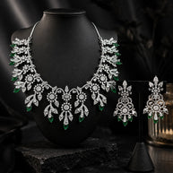 Emerald Green CZ Crystal Silver Necklace Earrings Set Indian Bridal Jewelry