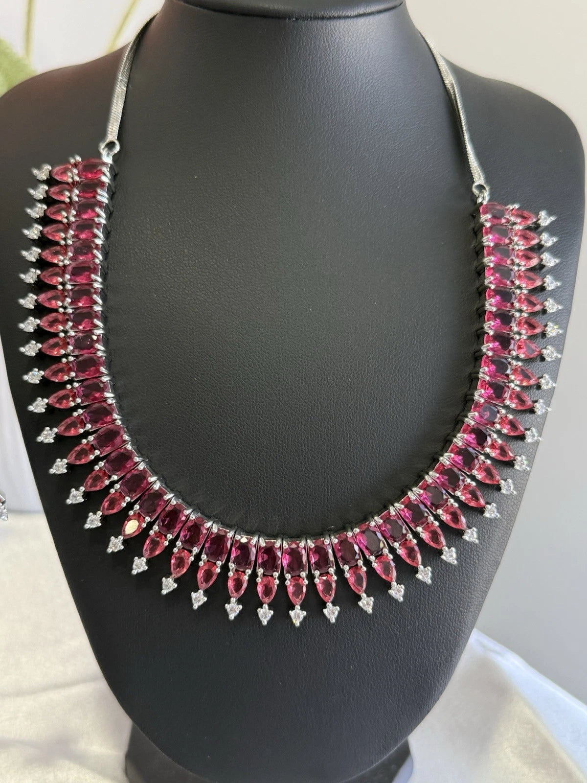 Ruby Pink CZ Necklace & Earrings Set Silver Tone Pakistani Jewelry