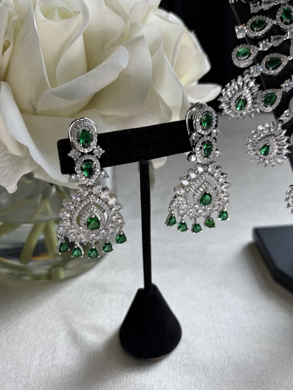 Emerald Cascade CZ Bridal Necklace Set
