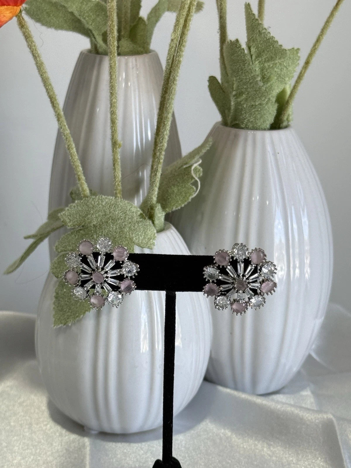 Blush Pink CZ Floral Stud Earrings Silver Tone Party Jewelry